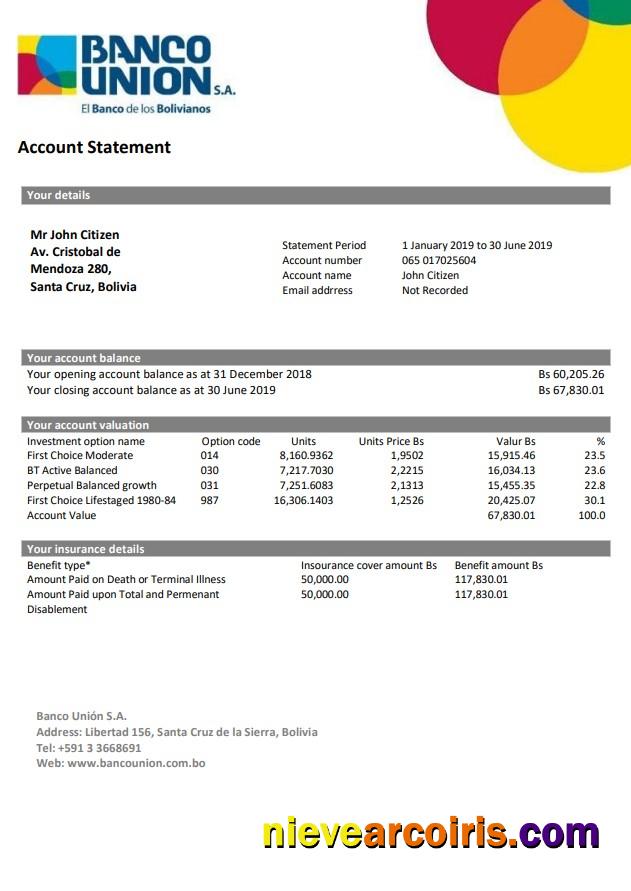 Bolivia Banco Union bank statement